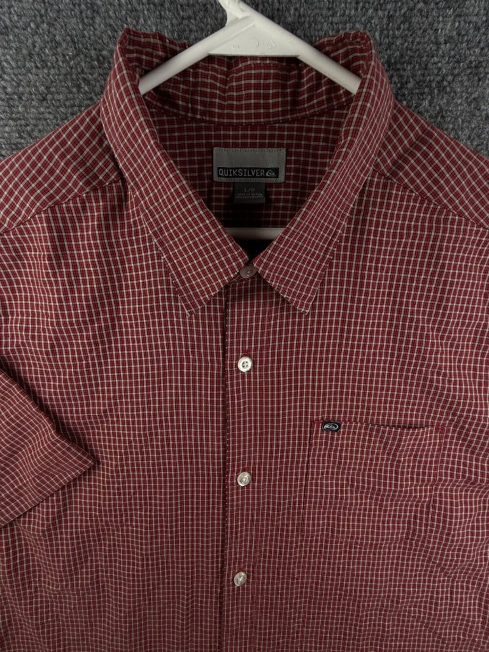 Quiksilver Men Short Sleeve Button Up Shirt Red Check Large Polynosic Blend